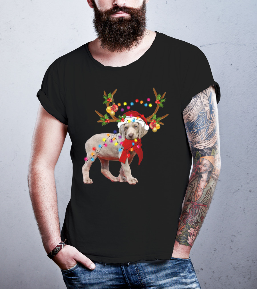 Santa Weimaraner Reindeer Christmas Lights T-Shirt