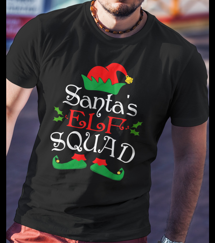 Santa's Elf Squad Christmas Elves Festive Holiday Team With Holly And Elf Hat T-Shirt