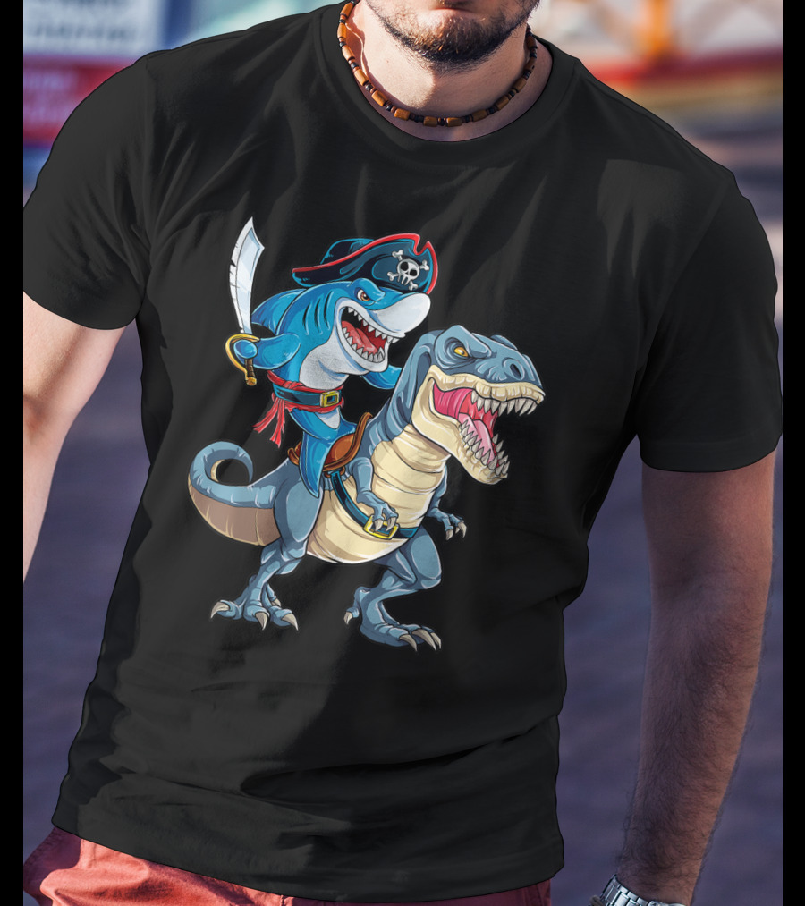 Shark Pirate Riding Dinosaur Rex Jawsome Adventure T-Shirt