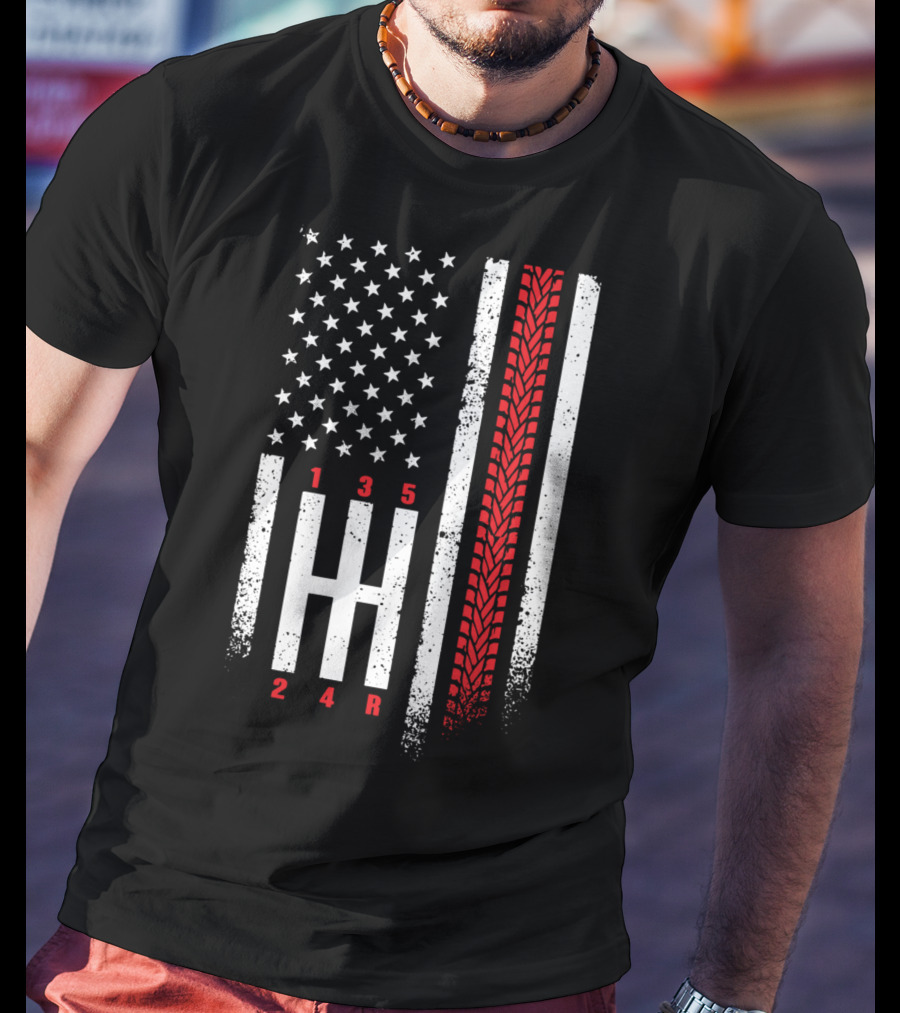 Shift Mechanic Gears American Flag Racing Tire Tracks T-Shirt