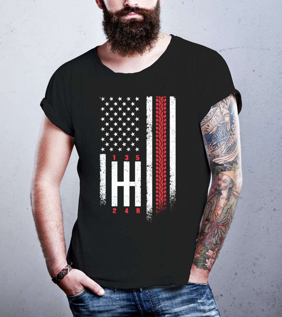 Shift Mechanic Gears American Flag Racing Tire Tracks T-Shirt