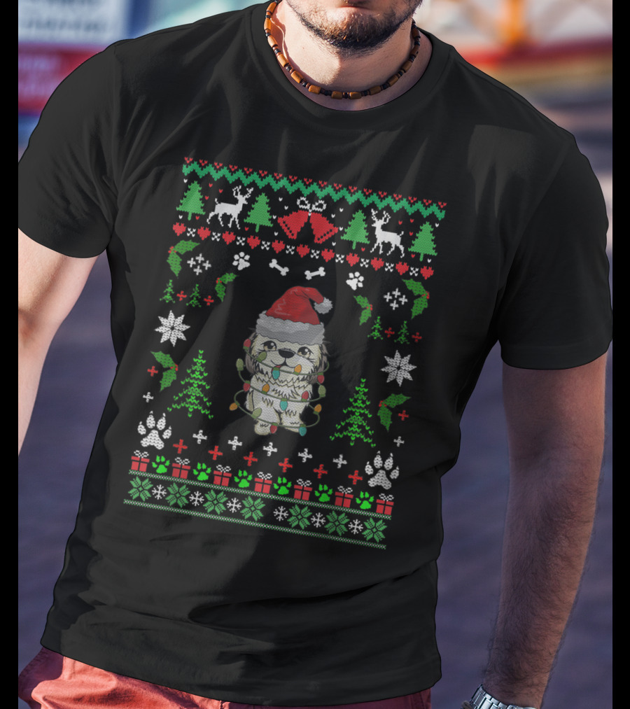 Shitzu Christmas Reindeer Santa Hat Ugly T-Shirt