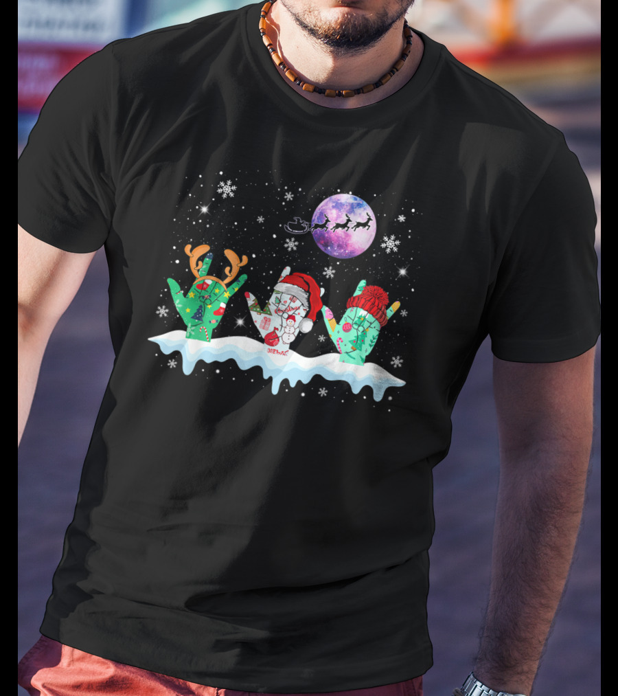Sign Language Christmas Reindeer Santa Moon Snowflakes T-Shirt