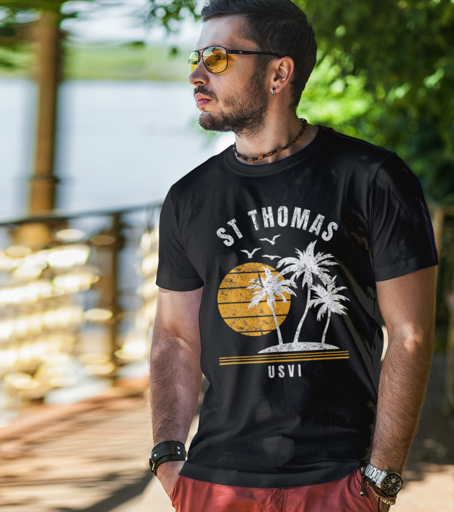 St Thomas USVI Caribbean Sunset With Palm Trees And Birds T-Shirt