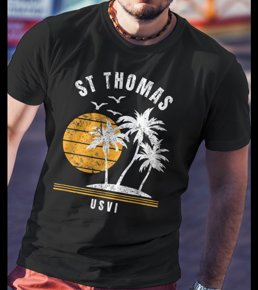 St Thomas USVI Caribbean Sunset With Palm Trees And Birds T-Shirt