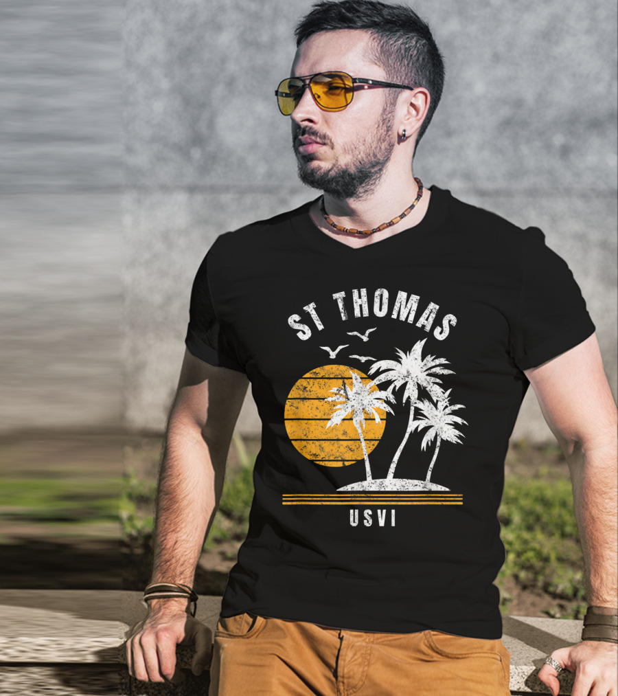 St Thomas USVI Caribbean Sunset With Palm Trees And Birds T-Shirt