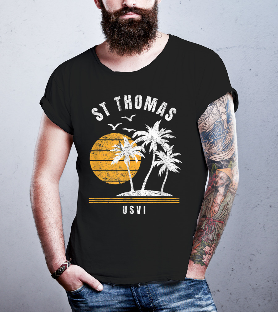 St Thomas USVI Caribbean Sunset With Palm Trees And Birds T-Shirt