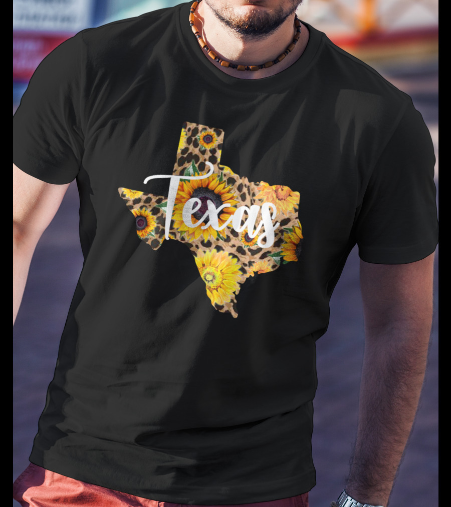Texas Sunflower Leopard Print Wildflower State Map T-Shirt