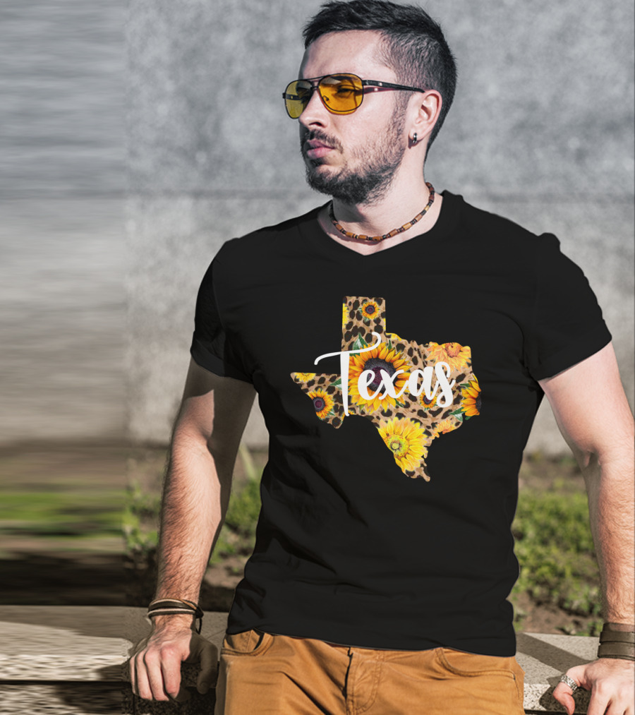 Texas Sunflower Leopard Print Wildflower State Map T-Shirt
