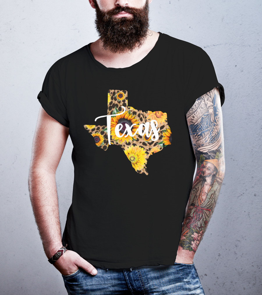 Texas Sunflower Leopard Print Wildflower State Map T-Shirt