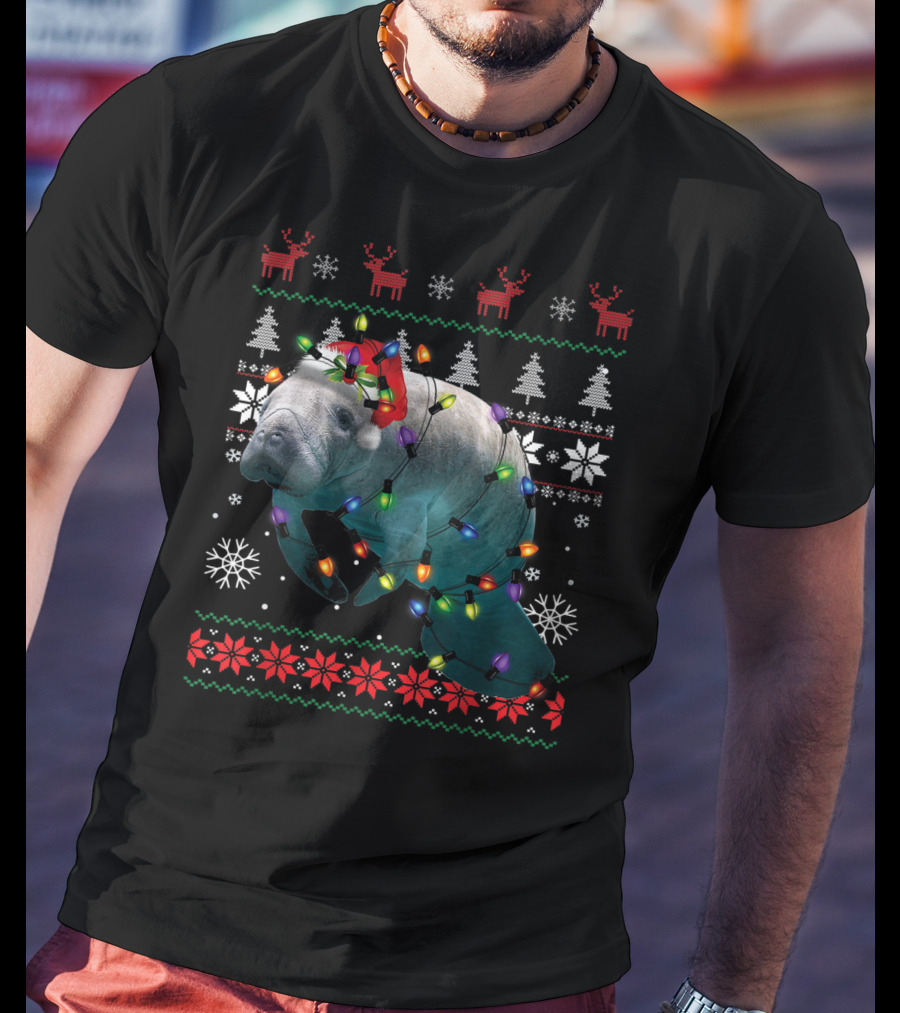 Ugly Christmas Manatee Santa Funny Mana Lover Holiday Lights T-Shirt