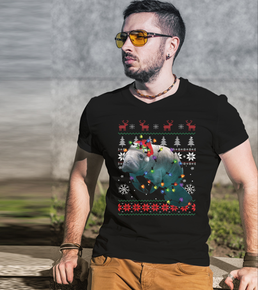 Ugly Christmas Manatee Santa Funny Mana Lover Holiday Lights T-Shirt