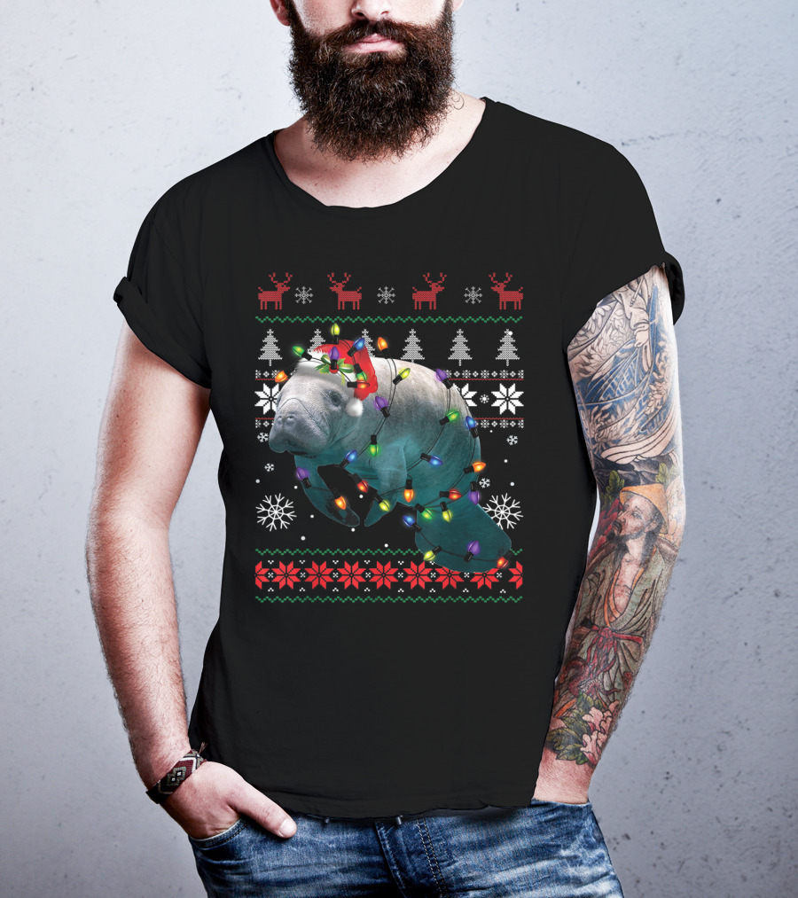 Ugly Christmas Manatee Santa Funny Mana Lover Holiday Lights T-Shirt