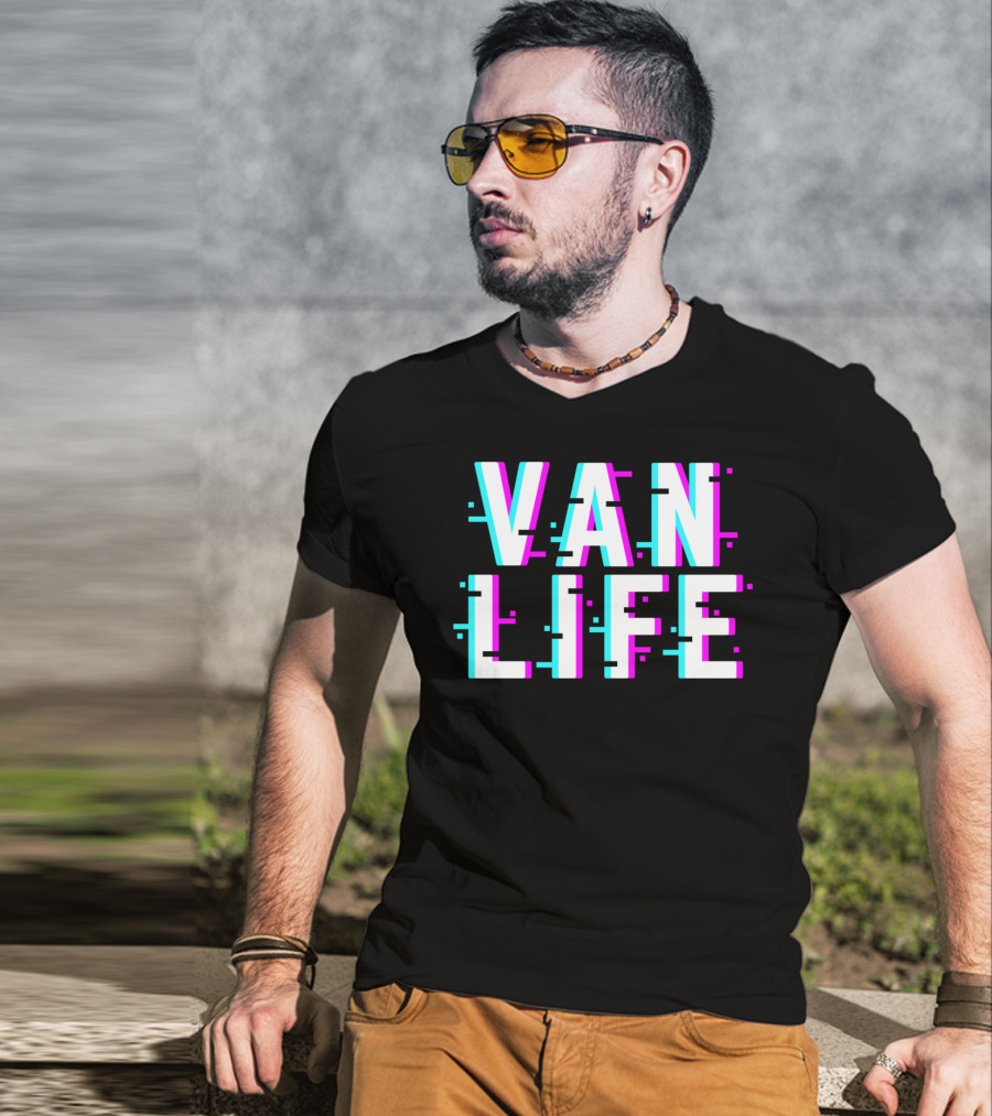 Van Life Camper Van Glitch Typography T-Shirt