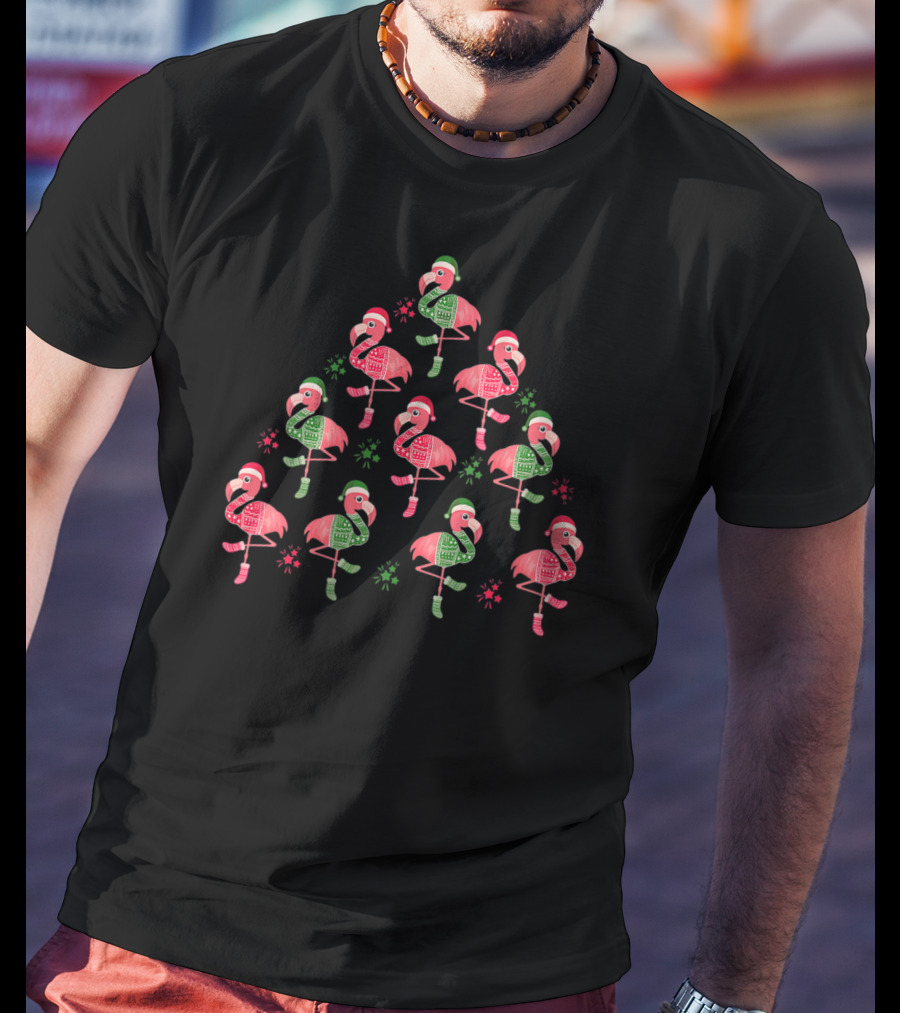 Flamingo Christmas Tree With Santa Hats And Holiday Sweaters T-Shirt