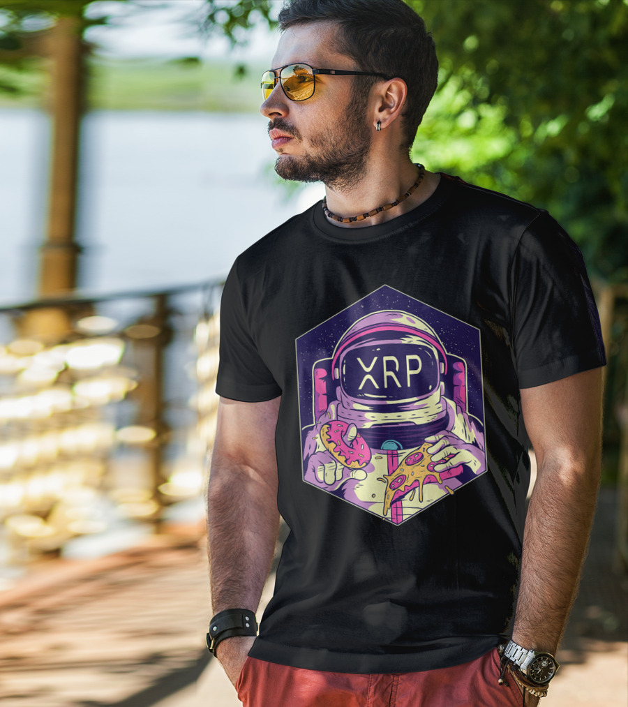 XRP Symbol Astronaut Eating Pizza And Donut Crypto Currency To The Moon T-Shirt