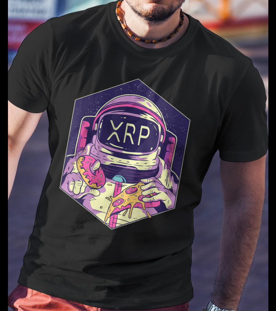 XRP Symbol Astronaut Eating Pizza And Donut Crypto Currency To The Moon T-Shirt