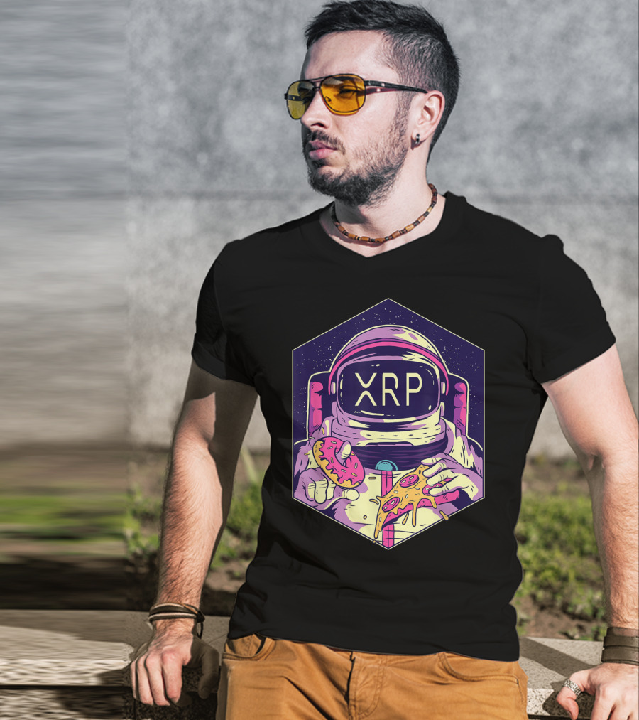XRP Symbol Astronaut Eating Pizza And Donut Crypto Currency To The Moon T-Shirt