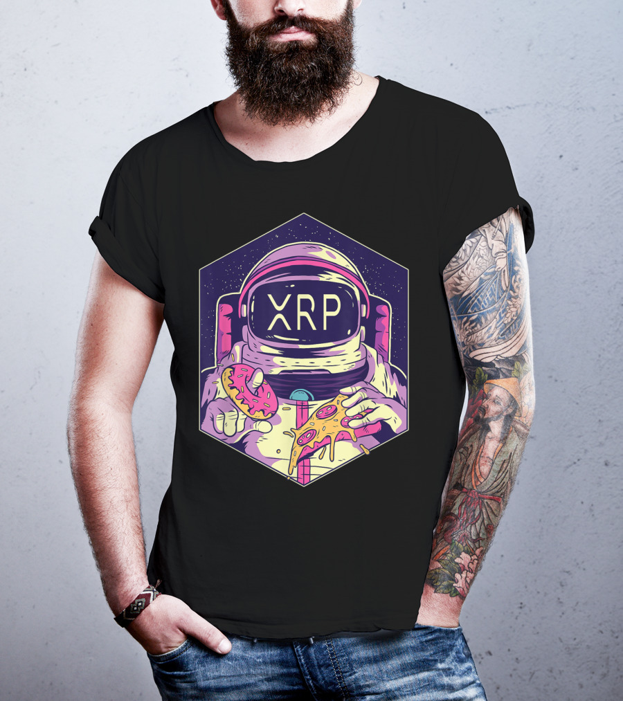 XRP Symbol Astronaut Eating Pizza And Donut Crypto Currency To The Moon T-Shirt
