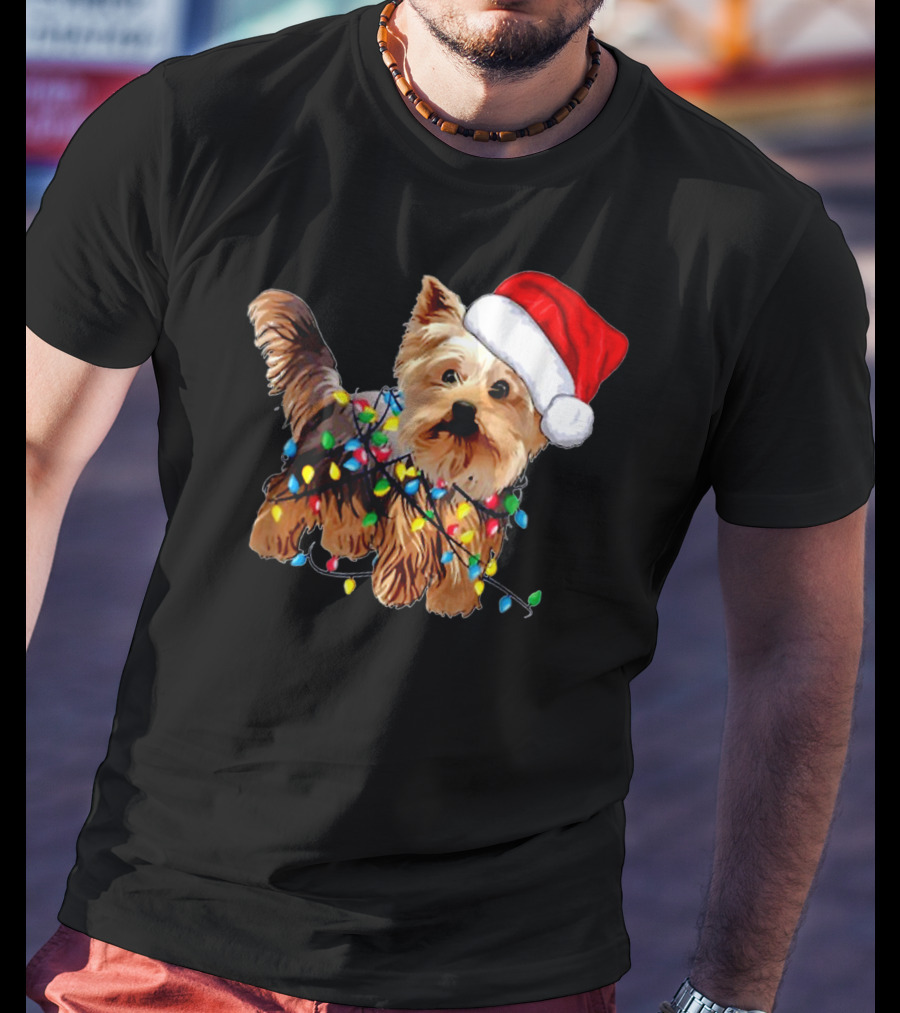 Yorkie Christmas Lights Santa Hat T-Shirt