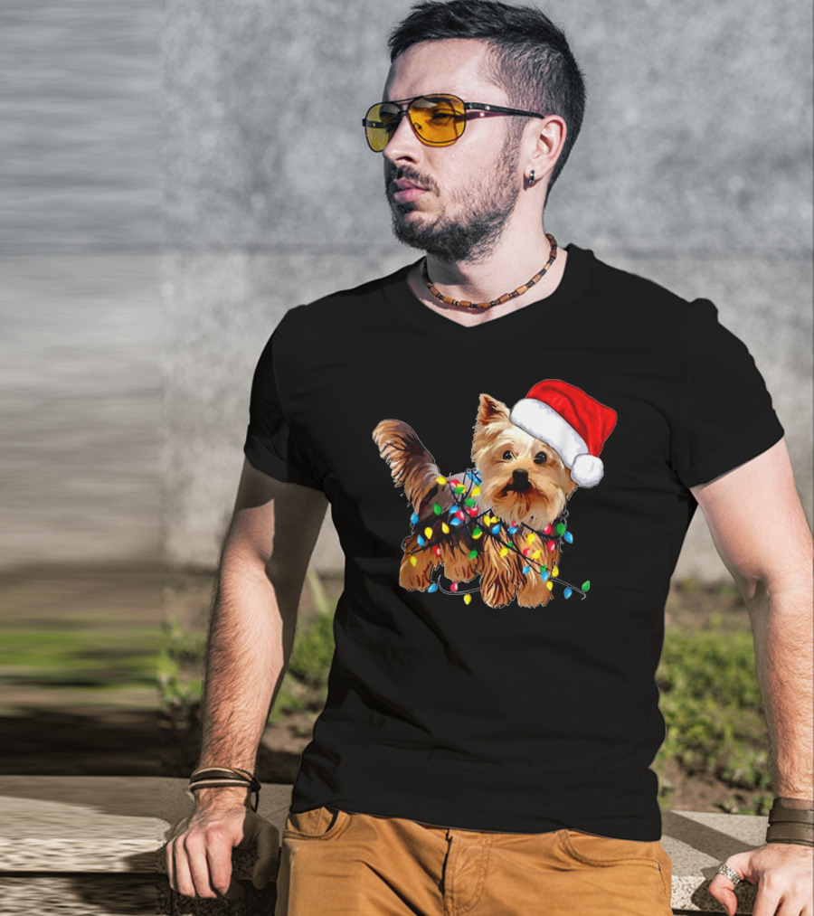 Yorkie Christmas Lights Santa Hat T-Shirt