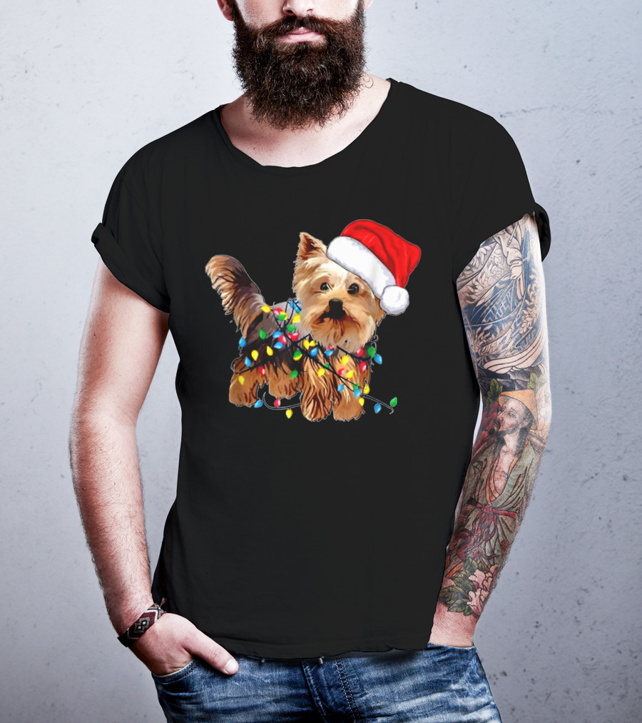 Yorkie Christmas Lights Santa Hat T-Shirt