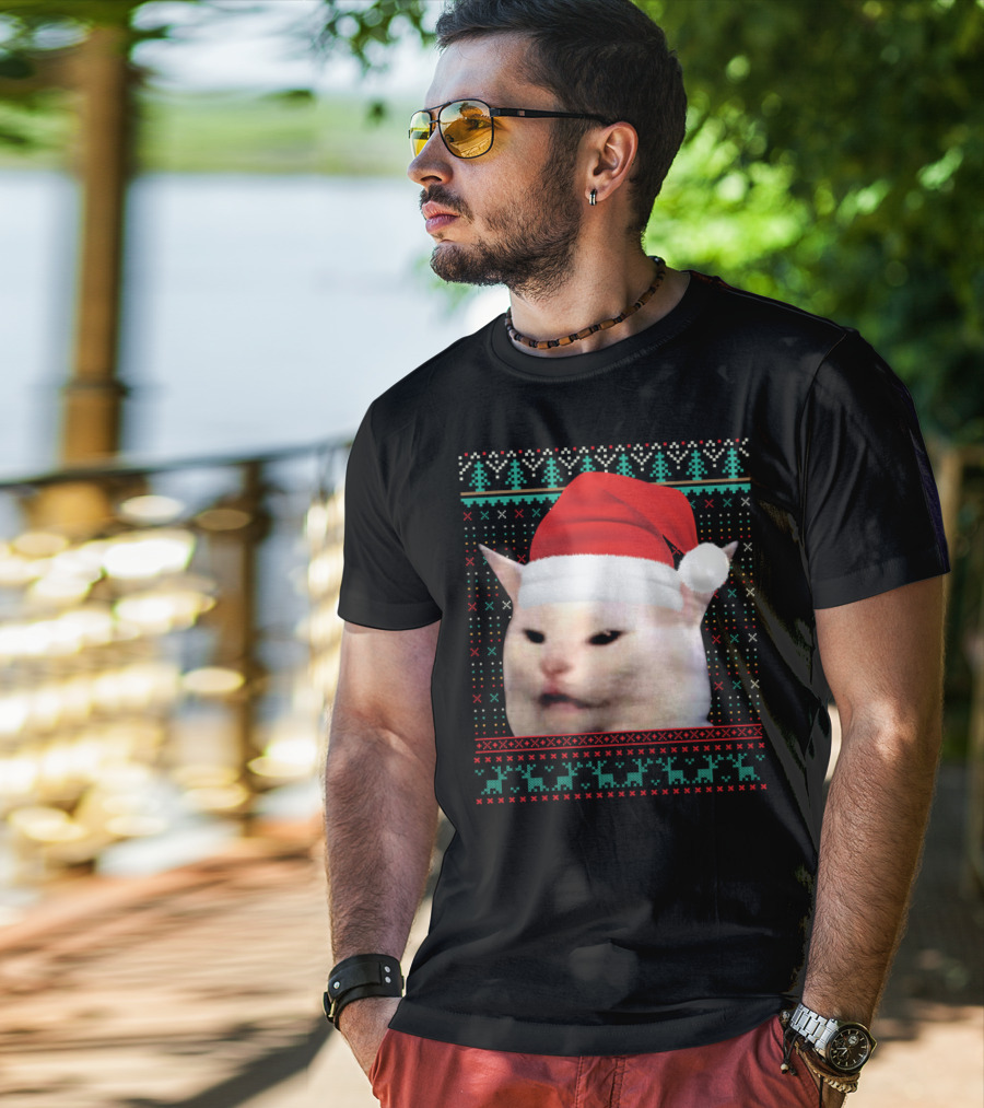 Cat Ugly Santa Hat Christmas Sweater Meme T-Shirt
