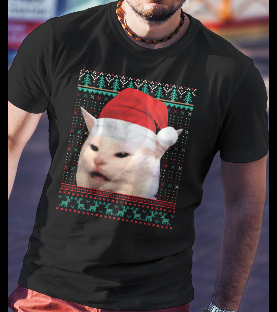 Cat Ugly Santa Hat Christmas Sweater Meme T-Shirt