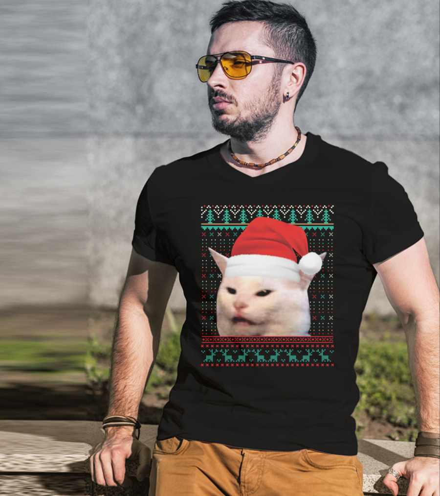 Cat Ugly Santa Hat Christmas Sweater Meme T-Shirt