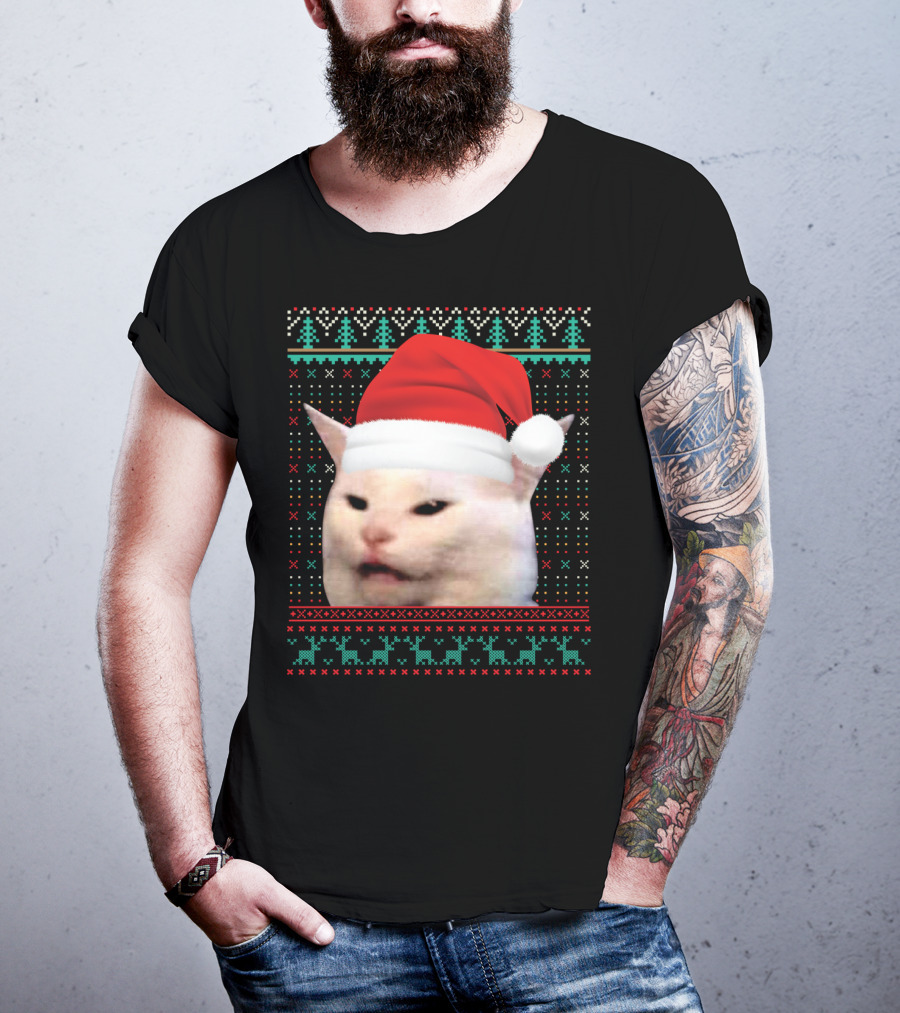 Cat Ugly Santa Hat Christmas Sweater Meme T-Shirt