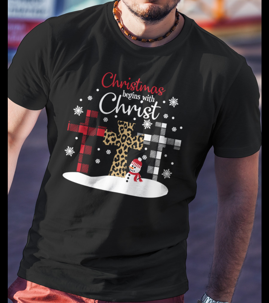 Christmas Begins With Christ Snowman And Patterned Crosses T-Shirt