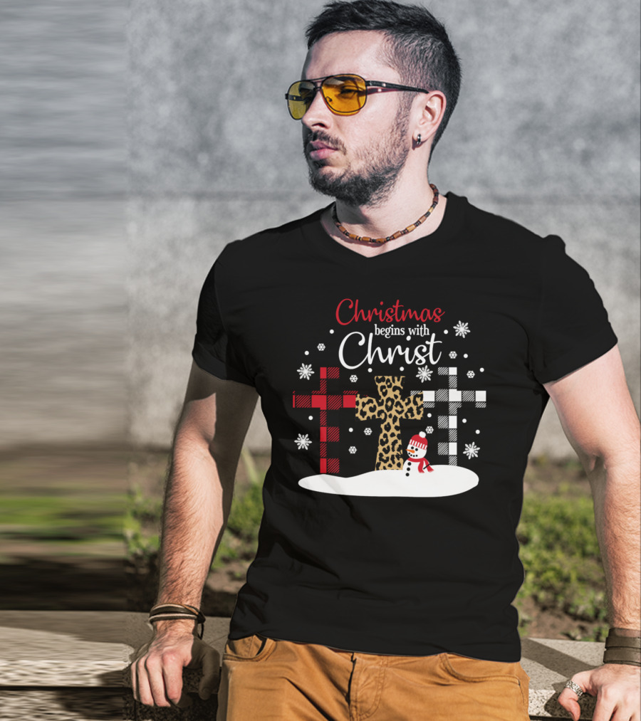 Christmas Begins With Christ Snowman And Patterned Crosses T-Shirt