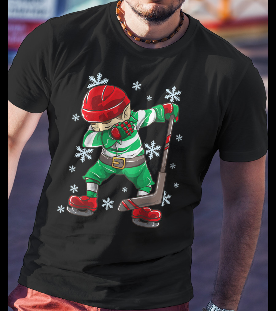 Christmas Elf Dabbing Ice Hockey Snowflake Squad T-Shirt