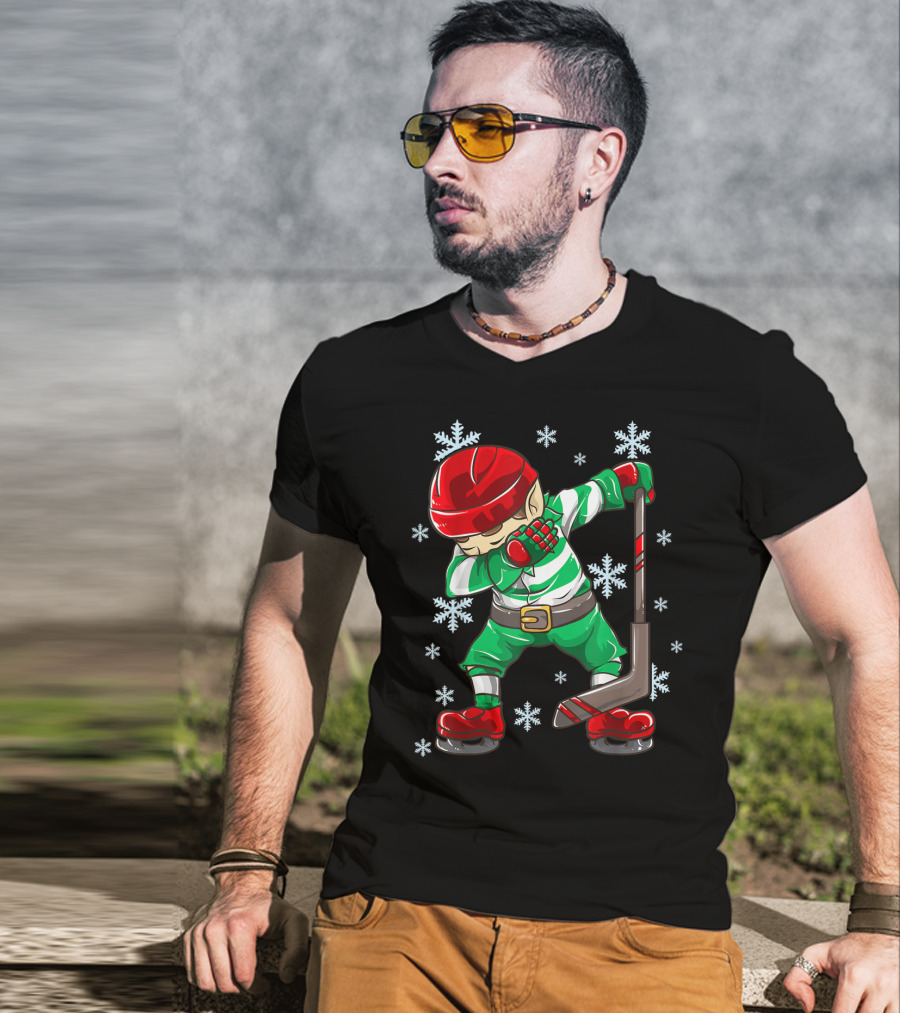 Christmas Elf Dabbing Ice Hockey Snowflake Squad T-Shirt