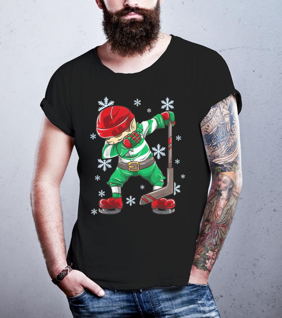 Christmas Elf Dabbing Ice Hockey Snowflake Squad T-Shirt