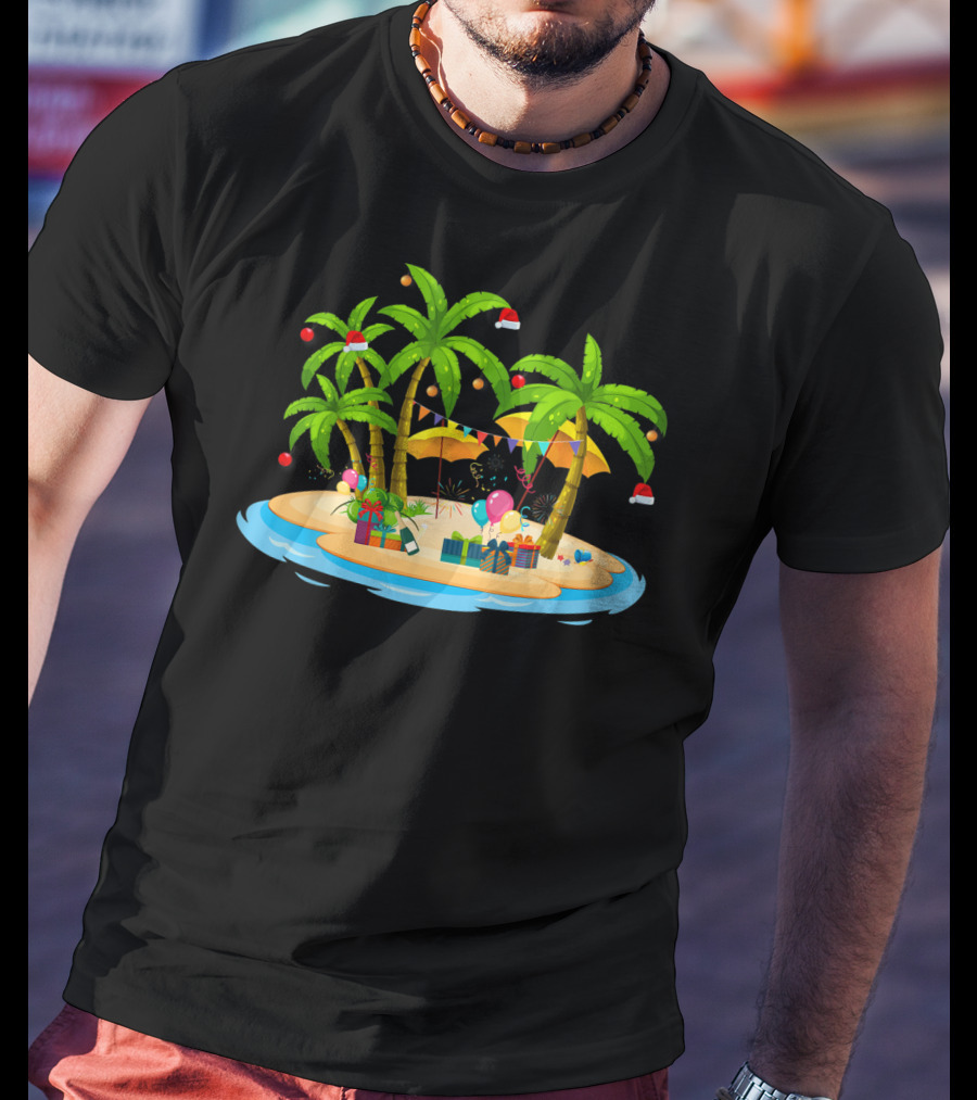 Tropical Christmas Island With Palm Trees And Coconuts T-Shirt