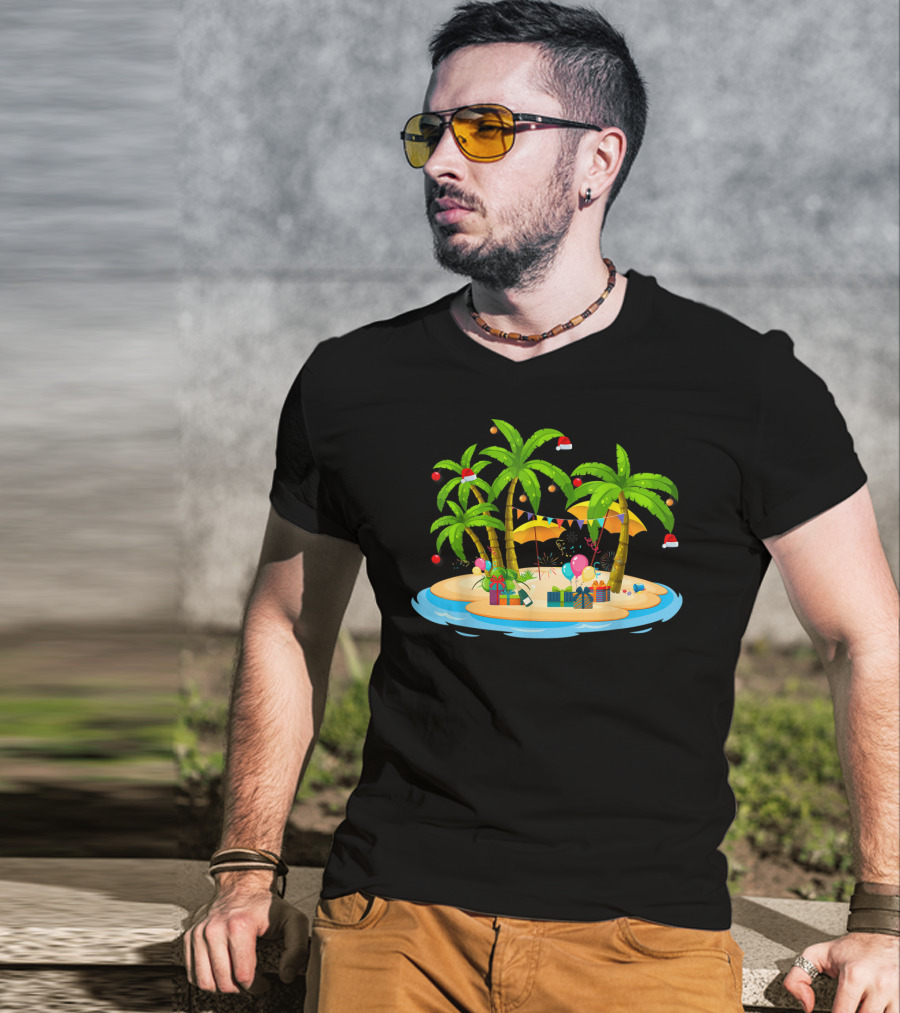 Tropical Christmas Island With Palm Trees And Coconuts T-Shirt
