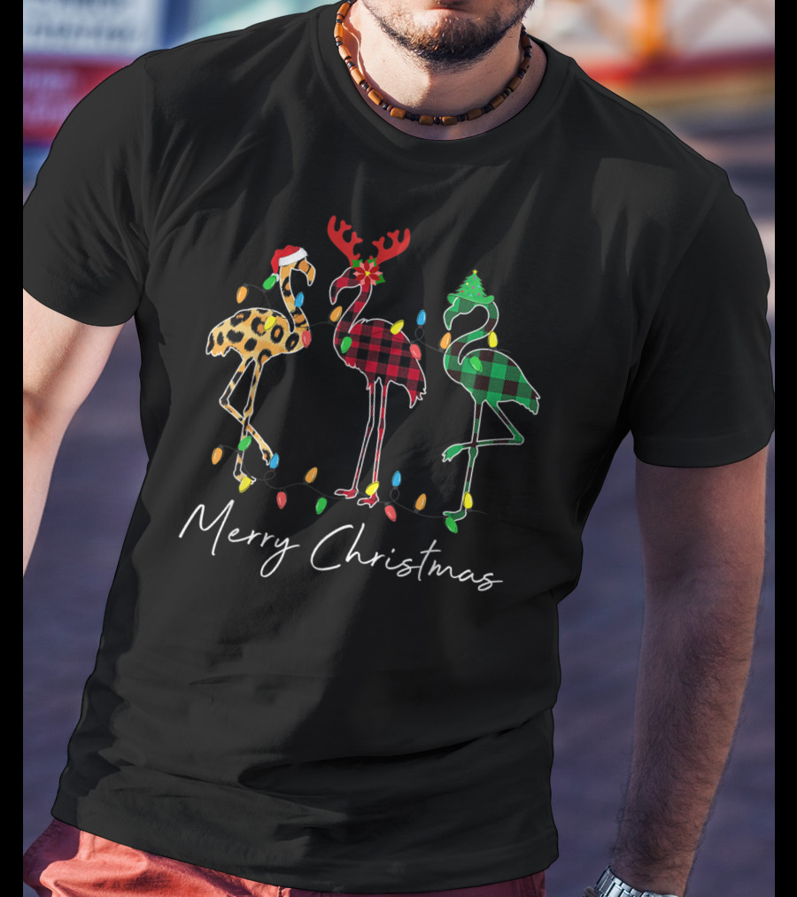 Merry Christmas Flamingo Santa Hat Reindeer Horns Xmas Light T-Shirt