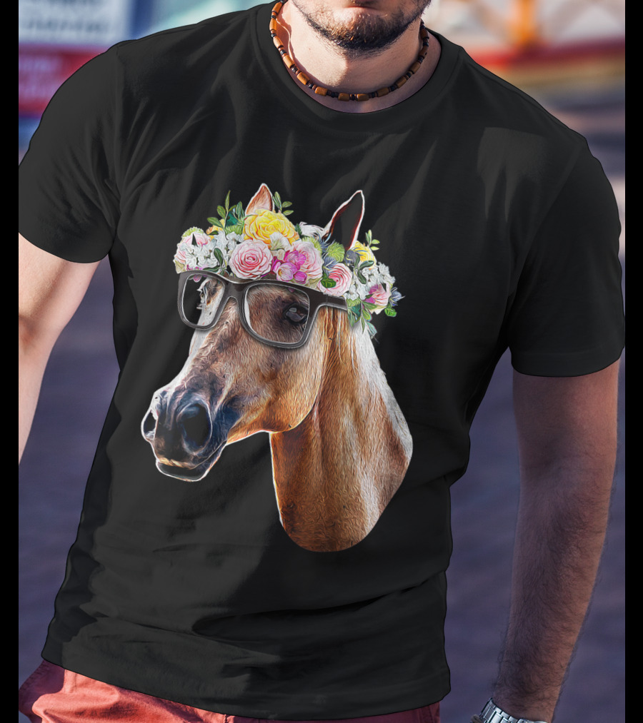 Floral Horse With Glasses Equestrian Farm Riding T-Shirt
