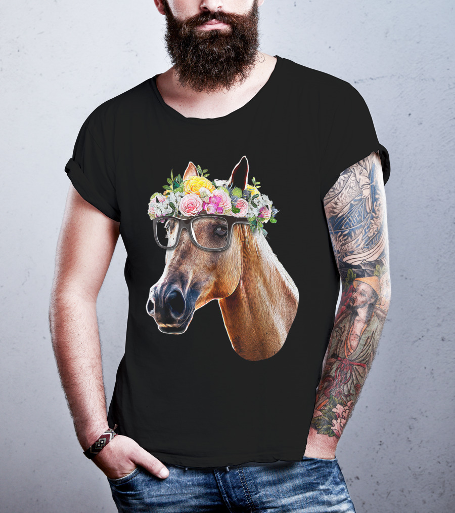 Floral Horse With Glasses Equestrian Farm Riding T-Shirt