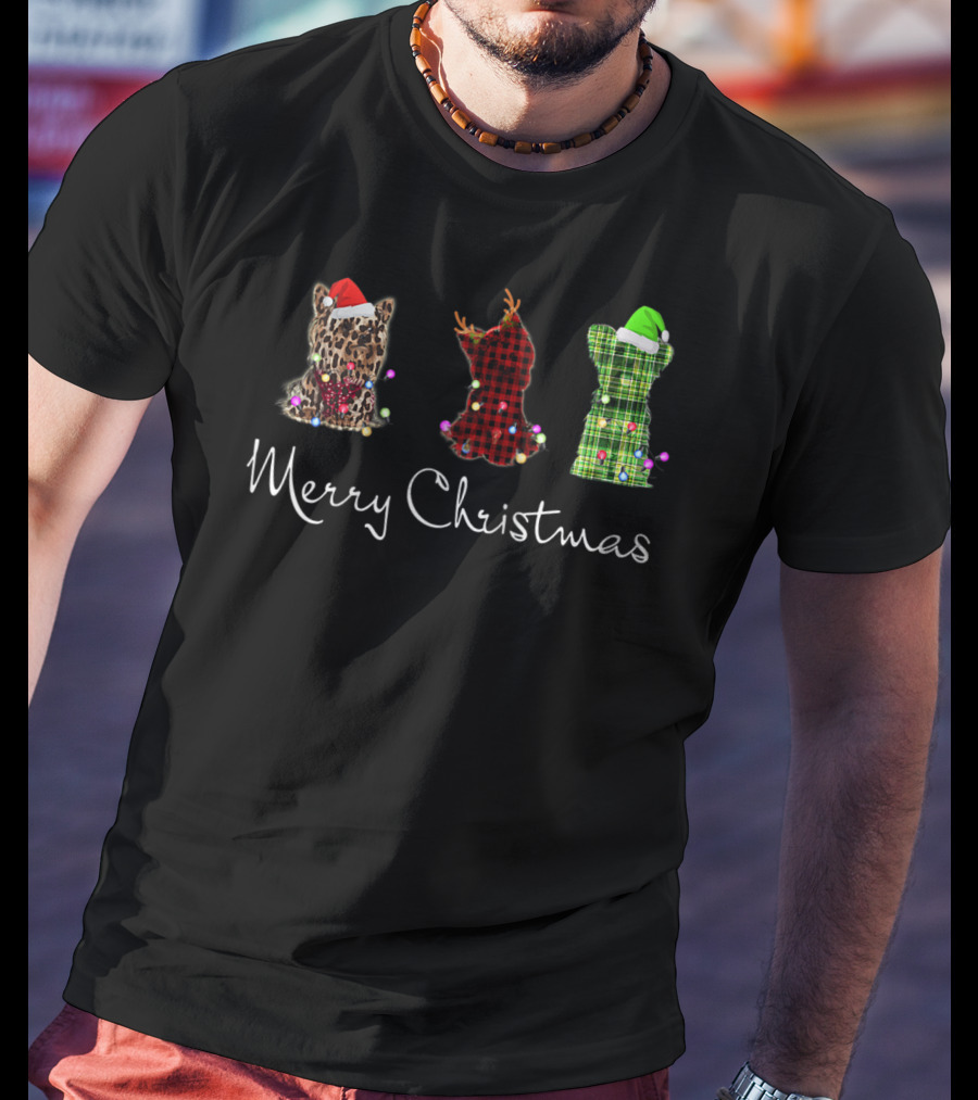 Merry Christmas Three Yorkshire Terriers Leopard Red Green Checkered T-Shirt