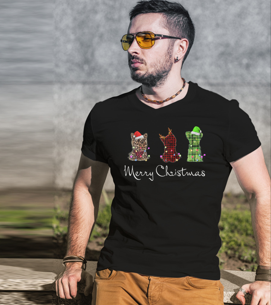 Merry Christmas Three Yorkshire Terriers Leopard Red Green Checkered T-Shirt