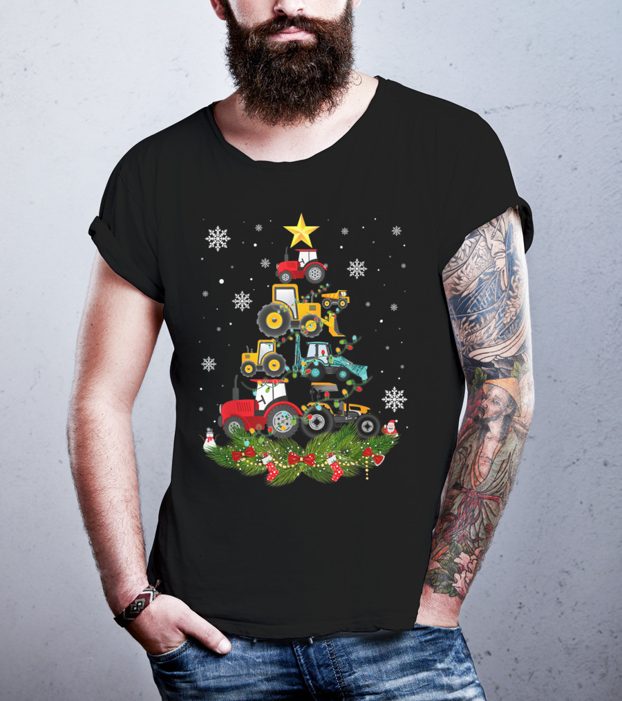 Tractor Christmas Tree Holiday Snowflakes Garland Star T-Shirt
