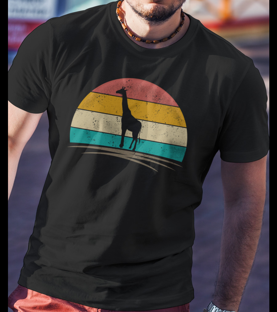 Vintage Giraffe Distressed Sunset Silhouette Giraffe Stripe Retro T-Shirt
