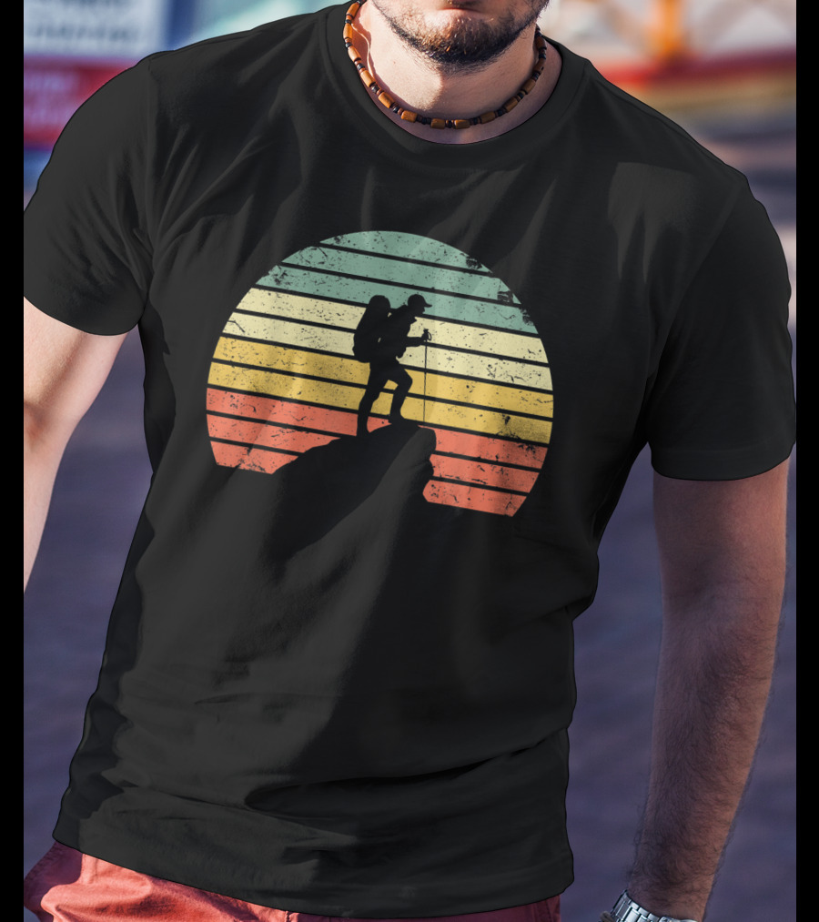 Retro Hiking Hiker Silhouette On Mountain Rock And Sunset Stripes T-Shirt
