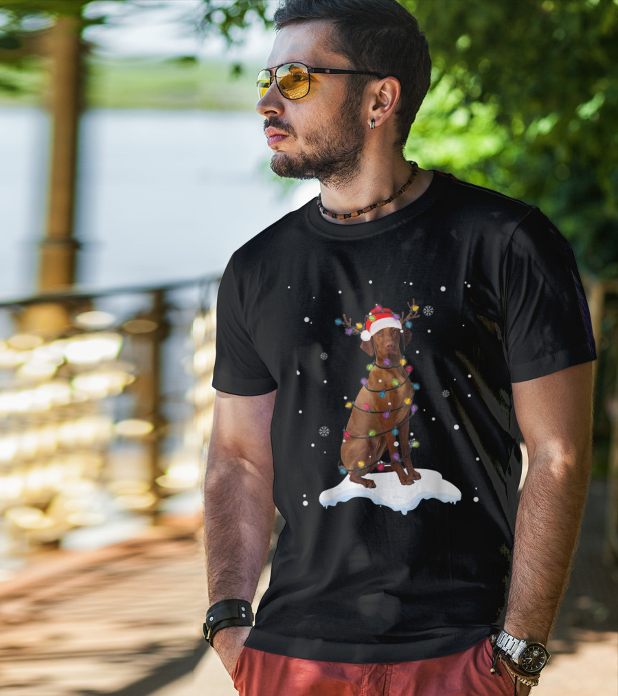 Vizsla Wrapped In Christmas Lights With Santa Hat And Antlers In Snow T-Shirt