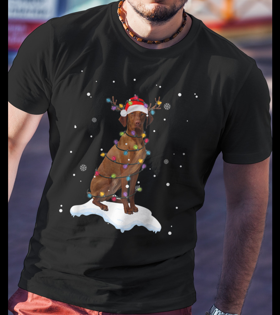 Vizsla Wrapped In Christmas Lights With Santa Hat And Antlers In Snow T-Shirt
