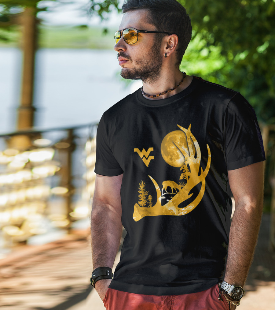 West Virginia Mountaineers Antler Moon Deer Silhouette Fan T-Shirt
