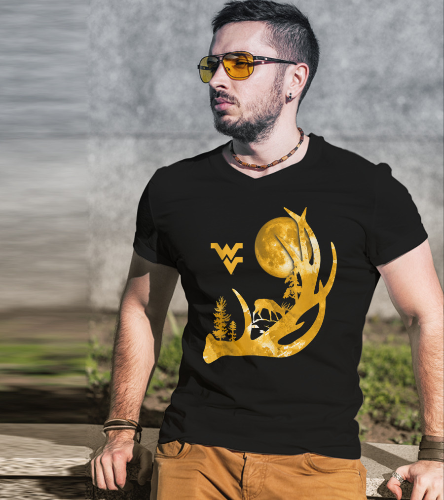 West Virginia Mountaineers Antler Moon Deer Silhouette Fan T-Shirt