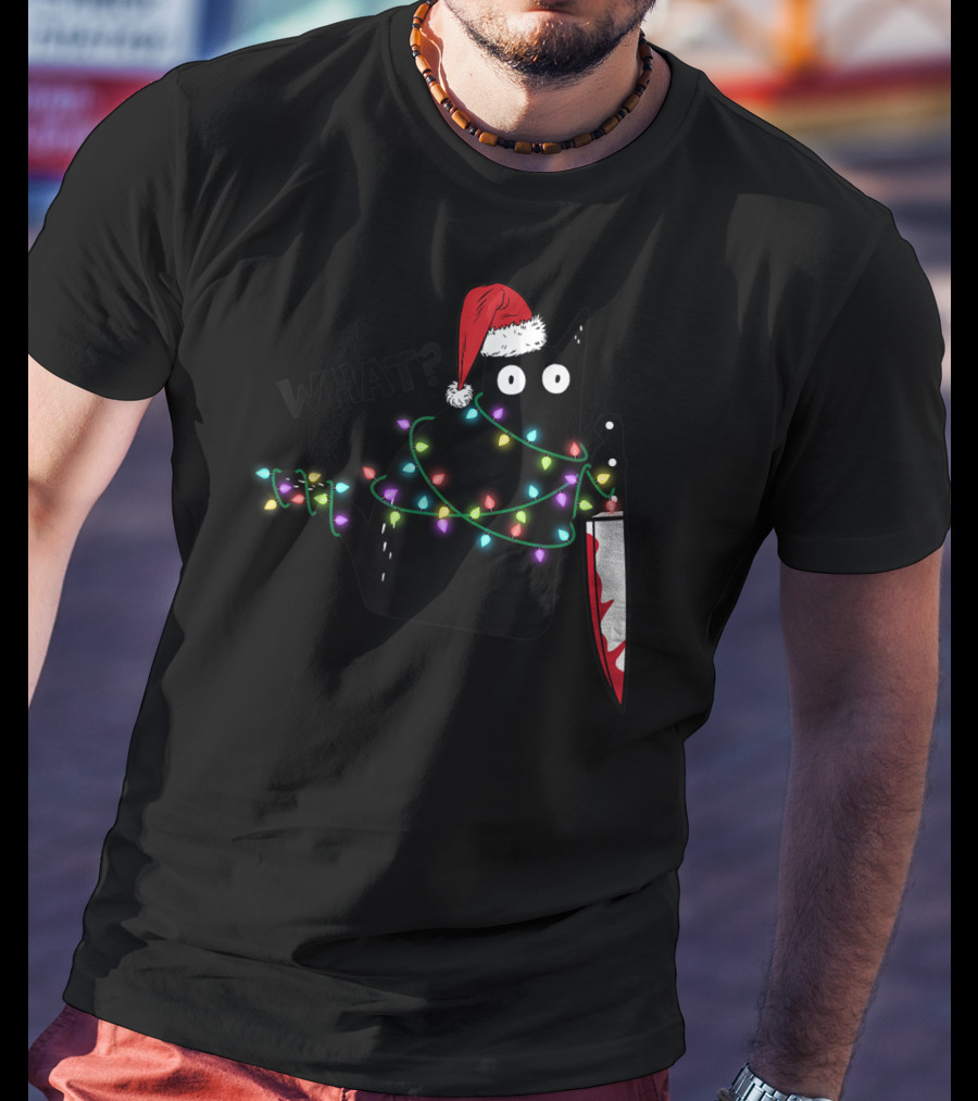 What Cat Wrapped In Xmas Lights Holding Knife Wearing Santa Hat T-Shirt